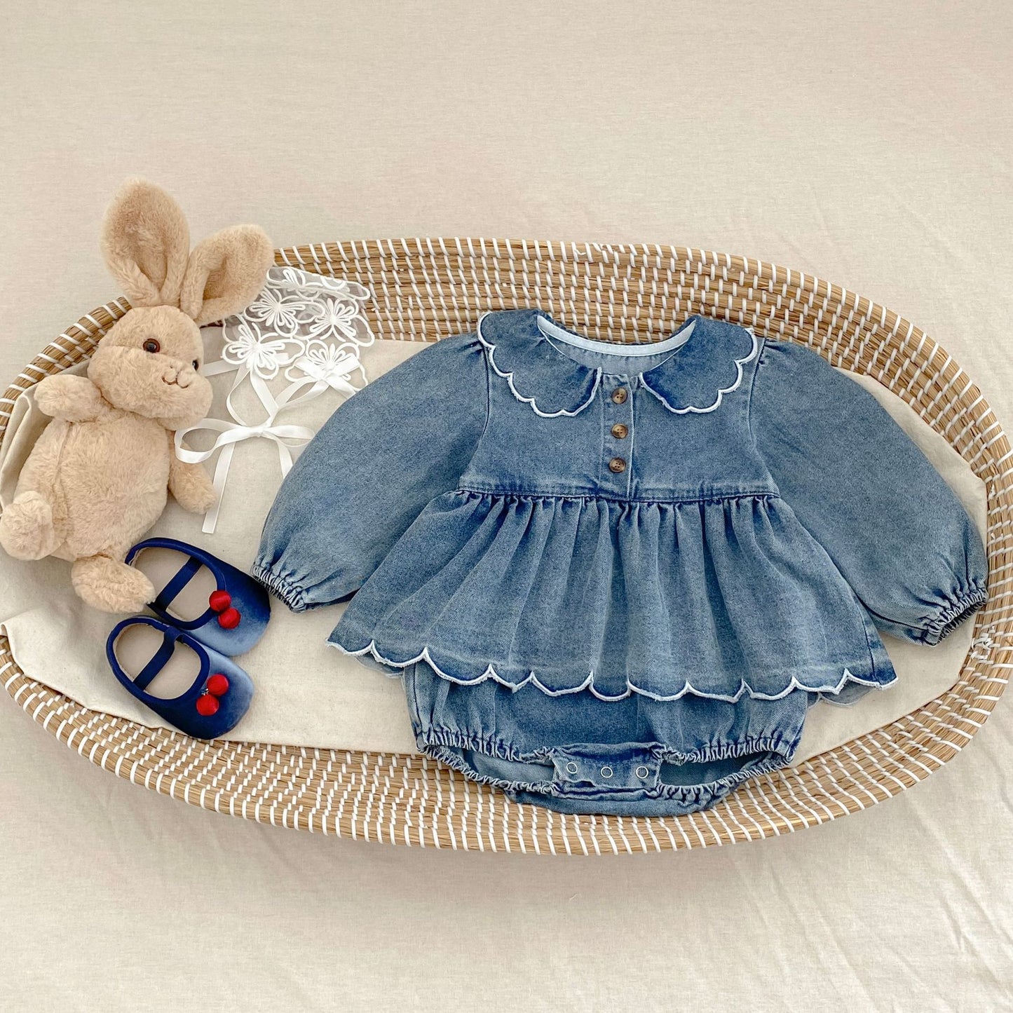 Denim scallop romper dress