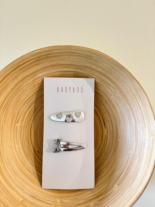Silver heart&bow clip set