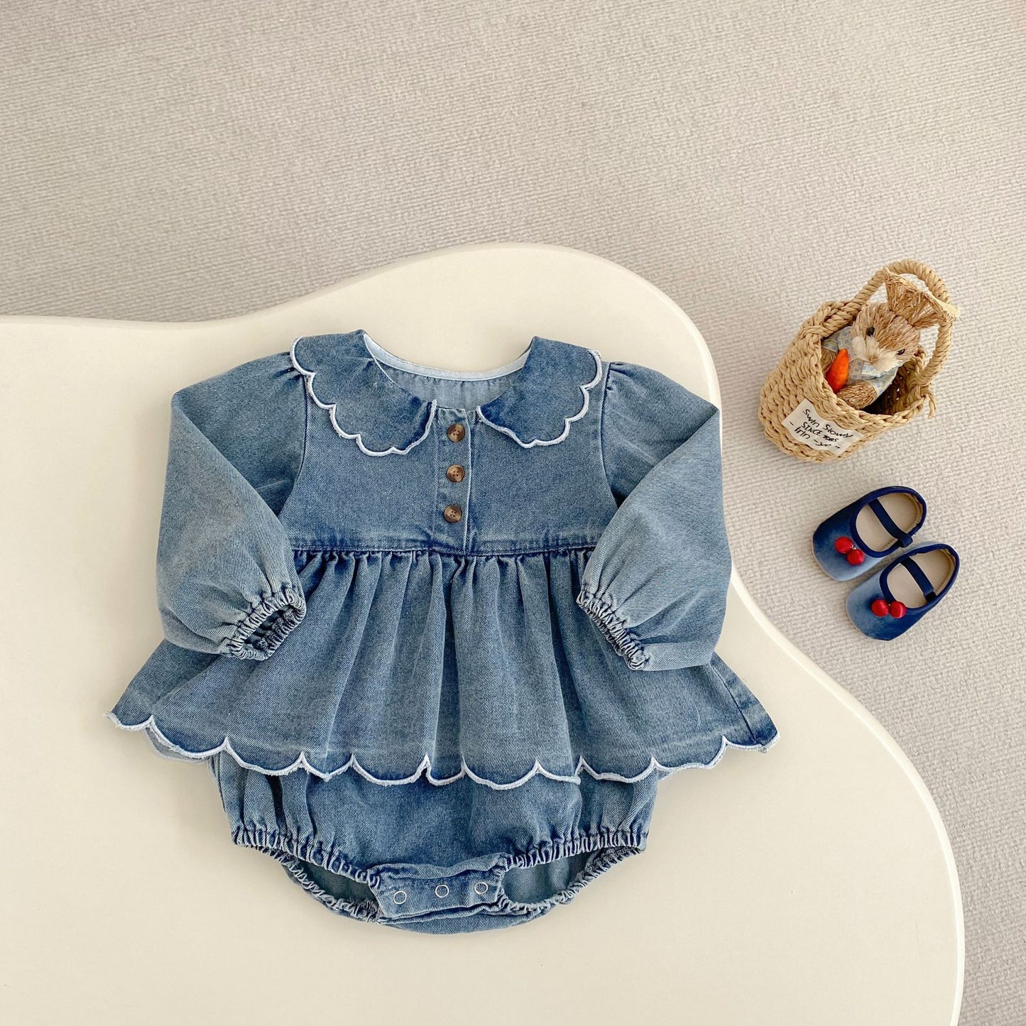 Denim scallop romper dress