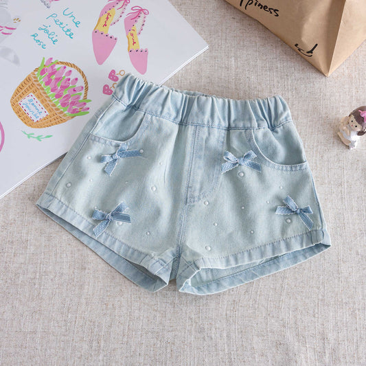 Bow denim shorts