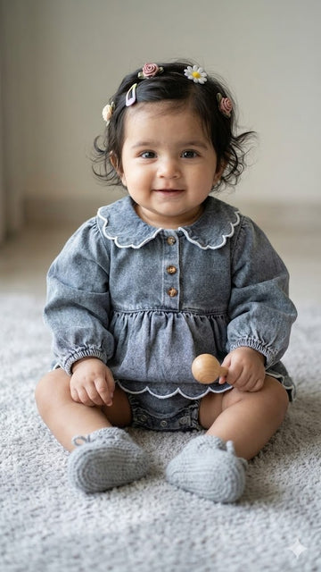 Denim scallop romp dress